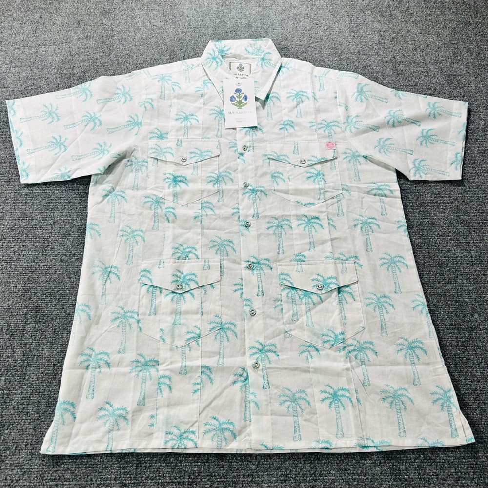 New Sue Sartor Guayabera Shirt Men’s Medium Aqua Palm Hand Stamped Resort Wear
